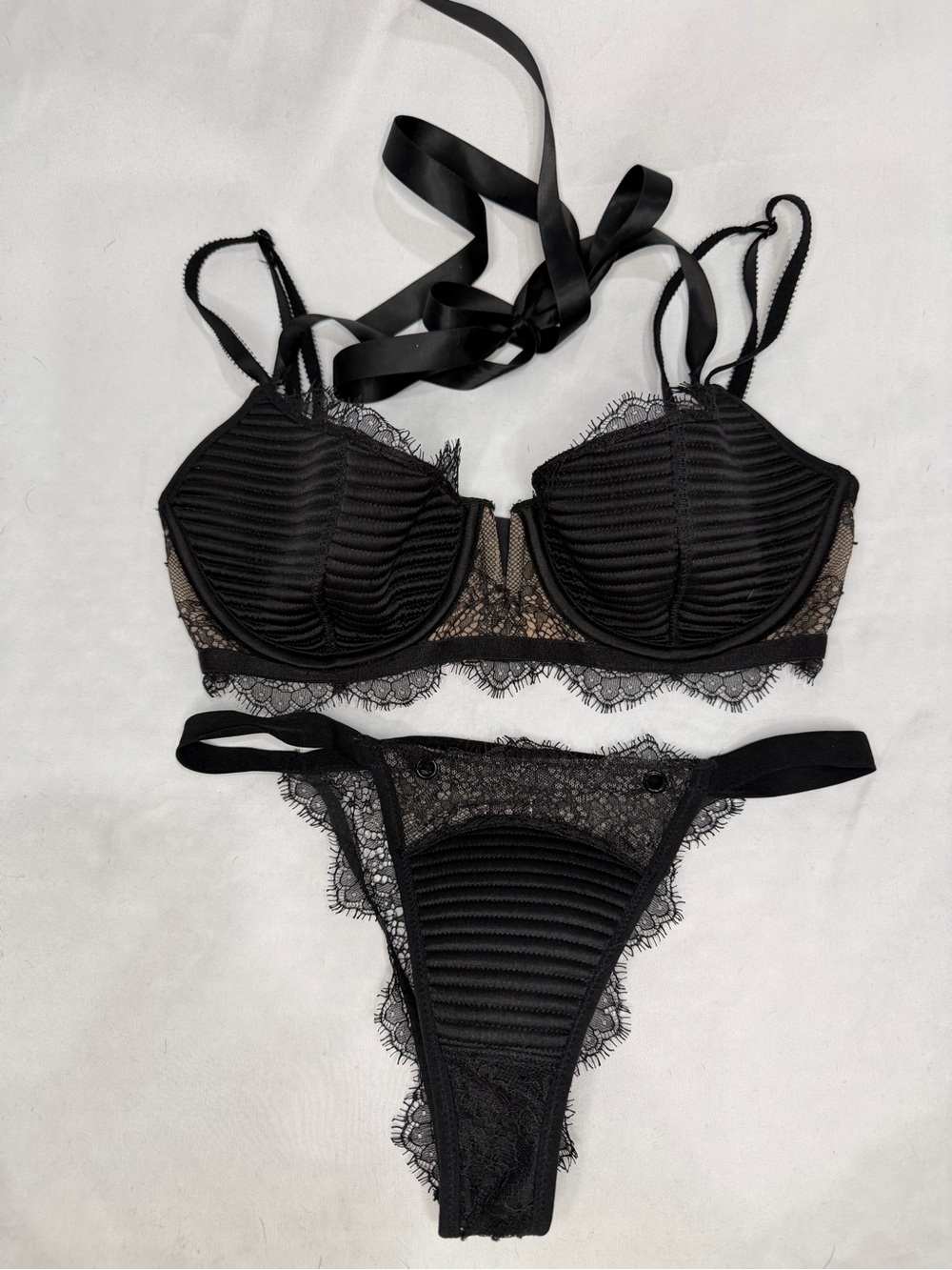 Victoria's Secret Black Lace Balconette Bra & Thong Set with Ribbon Detail